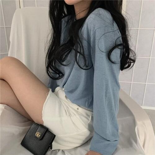 Autumn Full Sleeve O-neck Womens T-shirt Solid Color Base Pure Cotton Bottoming Shirt Ladies Loose Casual All-Matched Tops