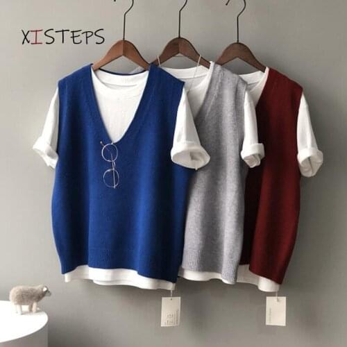 Casual Women Sleeveless Sweater Vest V-neck Loose Female Pullovers Pink Red Blue Ladies Knitted Vest Femme Pull 2021 Spring
