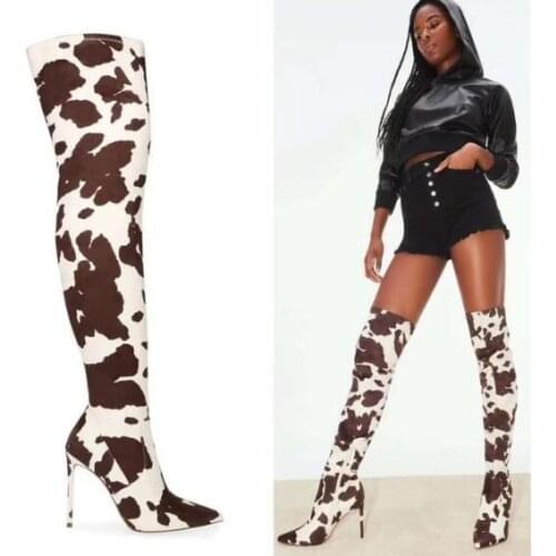 Moraima Snc Autumn Newest Stretch Fabric Over the Knee Boots Sexy Pointed Toe Milk Pattern Thigh High Boots Thin Heels Shoes