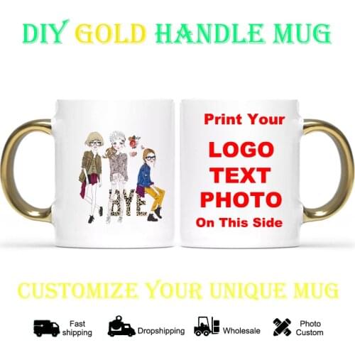 DIY Gold handle Mug 3 Girl friendship Personalized Ceramic Mugs Coffee Milk Cup Gift Print Pictures photo mug KTDZ-RW-009-JB