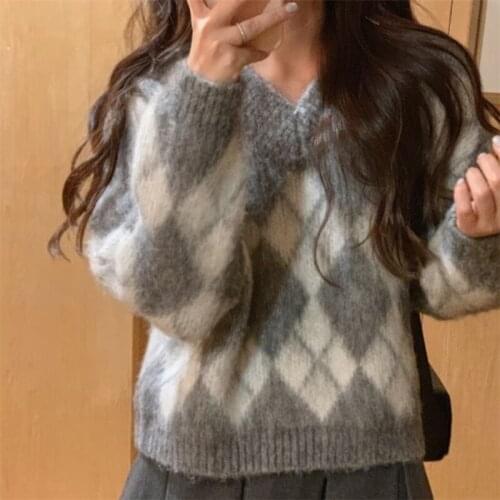 V-neck plaid mohair sweater winter thicken all-match sweater casual fashion lazy style 2021 new female tops chic outerwear