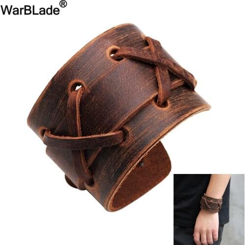 WarBLade 2018 New Fashion Black Brown Genuine Leather Wide Bracelet Bangles Cuff Wristband Rock Punk Women Men Bracelets