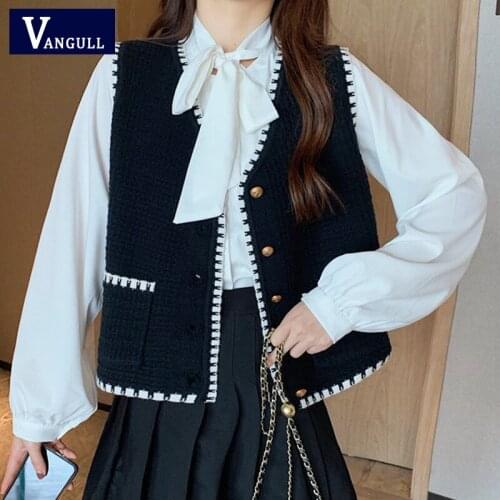 Vangull Patchwork Knitted Short Women Vest Autumn Sweet New Single Breasted Sleveless Open Female Tanks V-Neck Pocket Lady Vest