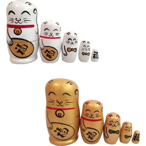 High Quality 5PCS Hand Painted Wooden Matryoshka Lovely Fortune Cat Russian Nesting/nested Dolls Birthday Gift for Kid Children