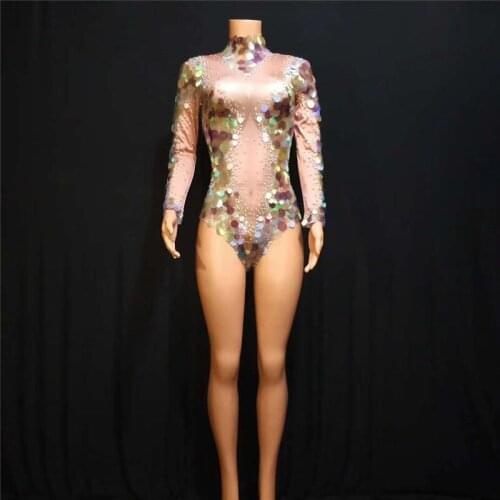 X44 Singer stage performance dress sequin bodysuit party wears Tights pole dance Onesies elastic leotard female jumpsuit bar dj