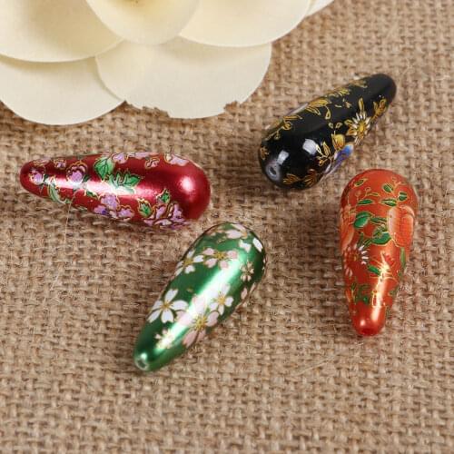 Acrylic Spacer Japan Painting Vintage Japanese Tensha Beads Drop At Random Flower Pattern About 32mm x 13mm, 3 PCs