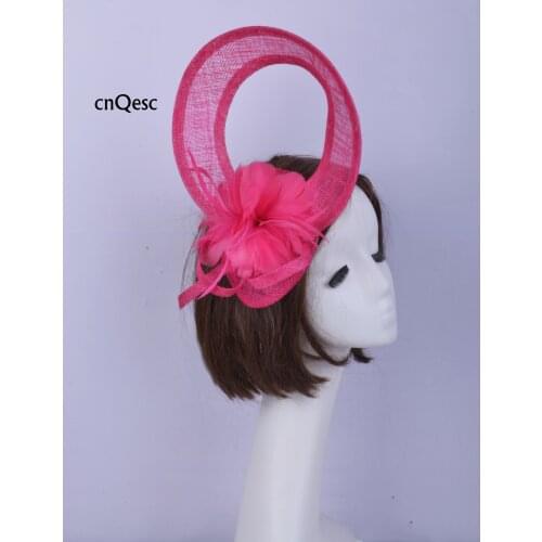 Hot pink Ladies formal dress hat feather flower fascinator sinamay loop for Church Wedding
