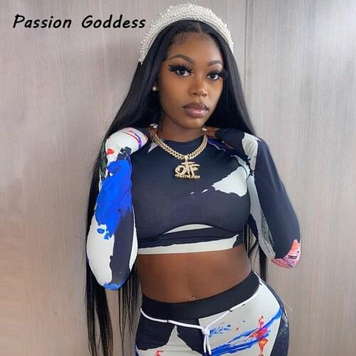 Fitness Women 2 Piece Tie-dye Print Skinny Tracksuits Set Long Sleeve Cropped Tops Drawstring Leggings Suit Jogger Two Piece Set