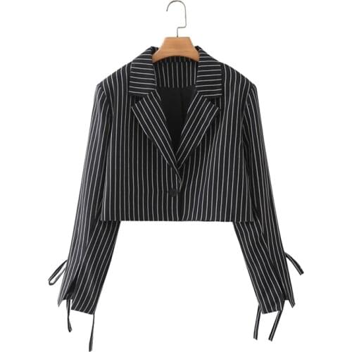 MESTTRAF Women 2021 Fashion Single-breasted Short Striped Blazer Retro Long Sleeve Cuff Lacing Coats Streetwear