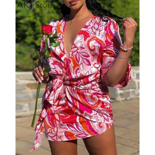 Women Tied Detail Ruched Floral Print A-Line Dress