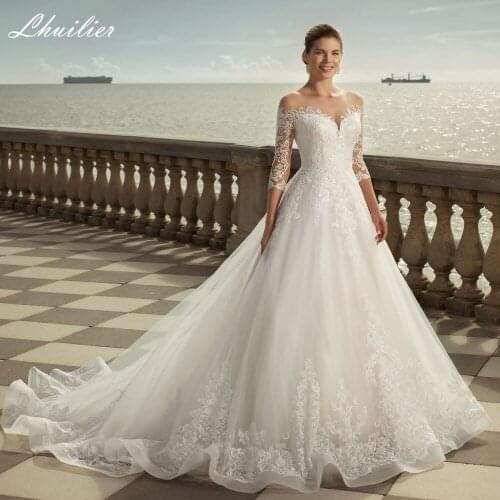 Lhuilier A-line Sheer Neck 3/4 Sleeves Wedding Dresses 2021 Floor Length Lace Appliques Court Train Lace Up Bridal Dress
