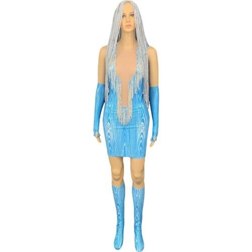 Party Rhinestone Tassel Bodycon Dress Women Prom Fringes Dress With Gloves Stocking Headdress Nightclub Singer Sexy Outfit Sets