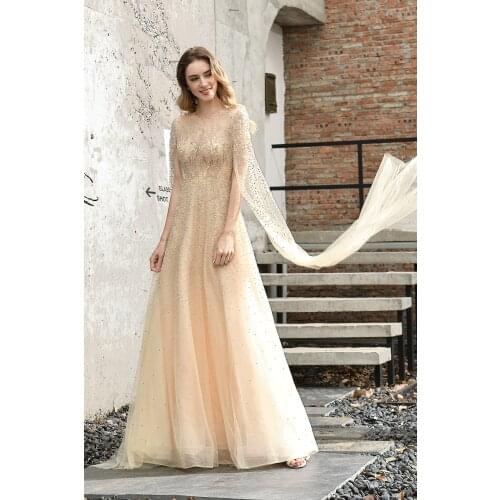 Luxury Champagne Full of Crystal Beading Long Formal Evening Dress Newest Tulle Gown for Women Party Prom Dresses Tail 30 cm