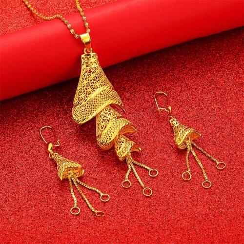 African Big Pendant Necklaces Earrings Jewelry Set for Women Gold Color Fulani Ethiopian Wedding Party Gifts