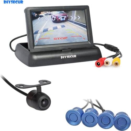 DIYSECUR 4.3" Foldable Rear View Car Monitor + 4 Parking Sensors + Rear View Car Camera Video Parking Radar