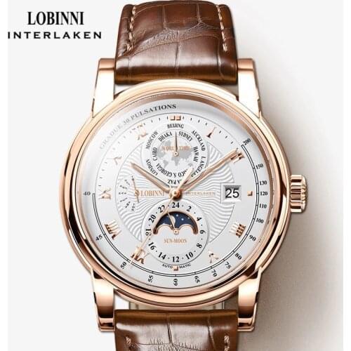 LOBINNI Luxury Genuine Leather Strap Automatic Mechanical Watches Men Sapphire Glass Waterproof Watch Date Week Moon Phase Watch