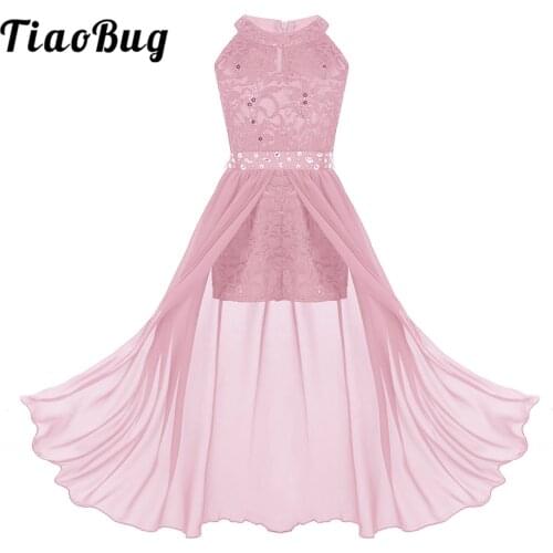 Floral Lace Rhinestone Bridesmaid Dress Elegant Kids Girls Maxi Romper Dress Wedding Birthday Party First Communion Dresses