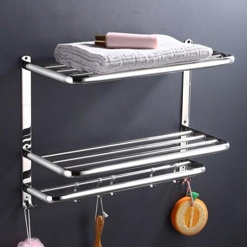 Towel Holder No Punching Bathroom Storage Towel Rack Organizer Stainless Steel Wall Mounted Towel Rack Double Layer with Hooks