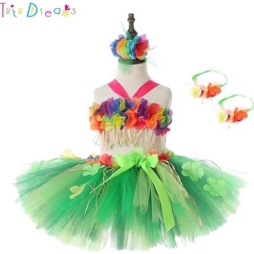 Kids Girls Lafite Flower Hawaii Ballet Dance Dress with Bracelet Summer Spring Child Beach Vacation Photo Prop Outfit Clothes