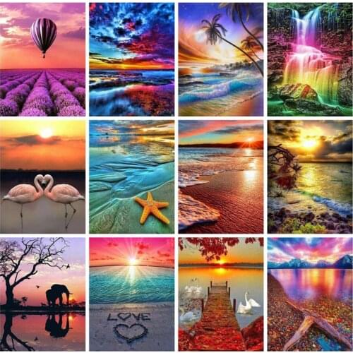 Sea scenery diamond painting sunset mosaic art sticker embroidery rhinestone picture palm tree puzzle toy kids wall decor craft