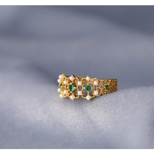 New Vintage Emerald Green Zircon with Pearl Rings for Women Bride Wedding Luxury Knuckle Ring Female Jewelry Anniversary Gifts