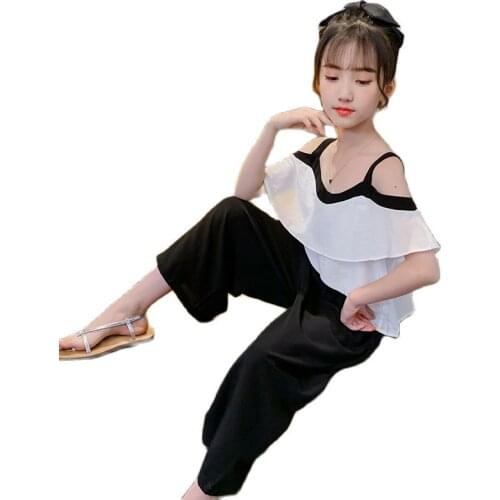 Teenage Girls Clothes Set 2020 Summer Solid Halter Ruffles Chiffon Blouse+Wide Leg Pants Teen Children Tracksuit 13 14 15 Outfit