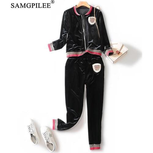 Winter light luxury velvet zipper Tops Coat Pants 2 Two Pieces Sets For Women Striped Stitching Comfortable Activitywear Suits