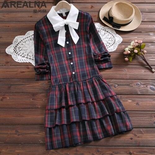 2020 Spring Sweet Bow dress Women Cute Japanese Elegant preppy style Long Sleeve Fake Two-Piece Plaid Stitching Cake Dress XXL