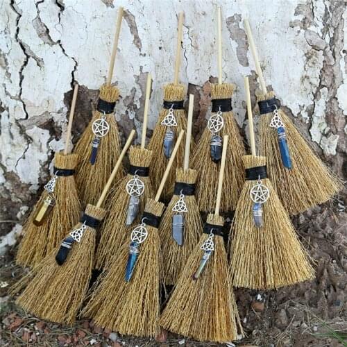 Mini Witch Broom Witchcraft Accessories Natural Crystal Witchcraft Altar Broom Car Pendant Five-Pointed Star Celtic Knot Jewelry