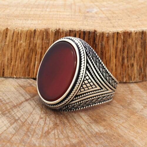 Solid 925 Sterling Silver Knitting Design Flat Agate Stone Mens Ring