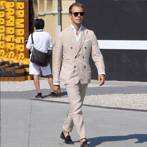 2019 Summer Linen Beige Men Suits Wedding Suits Double Breasted Bridegroom Groom Wear Tuxedos 2piece Prom Terno Blazer Masculino