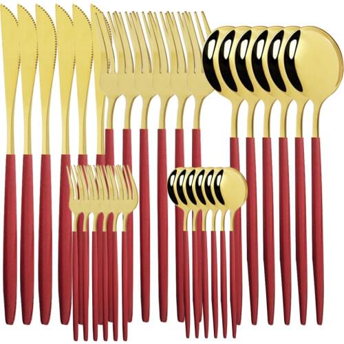 Kitchen Dinnerware Set 30Pcs Red Gold Cutlery Set Shiny Colorful Flatware 18/10 Stainless Steel Silverware Gold Tableware Set