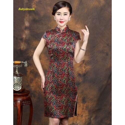 New arrival pure wateredgauze silk standing collar short sleeve cheongsam dress,100% silk zipper Pankou side slit summer dress