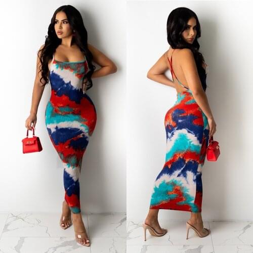 Echoine Ribbed Tie Dye Print Strap Backless Sexy Midi Dress Skinny Bodycon Fitness Party Club Dresses Elegant Vintage Vestidos