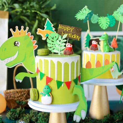 Reen Q Version Soft Pottery Dinosaur Volcano Baby Dress Up With Brown Leaves Cake Topper Dessert plug In Party Scene Decoration