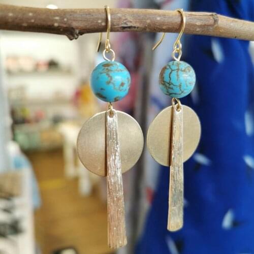 Boho Tribal Turquoise & Mix Metal Long Drop Earrings Ethnic Bohemian Round Turquoise Stone Earring Geometric ** Pairing Stud