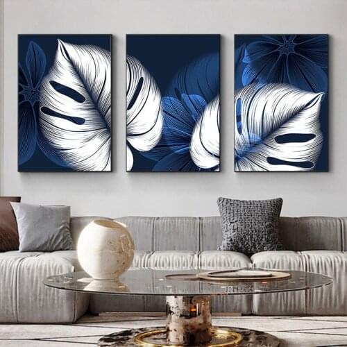 Nordic Deep Blue Silver-White Plants Decorative Painting Canvas Poster Wall Decoration Living Room Bedroom Dining Room Home Deco