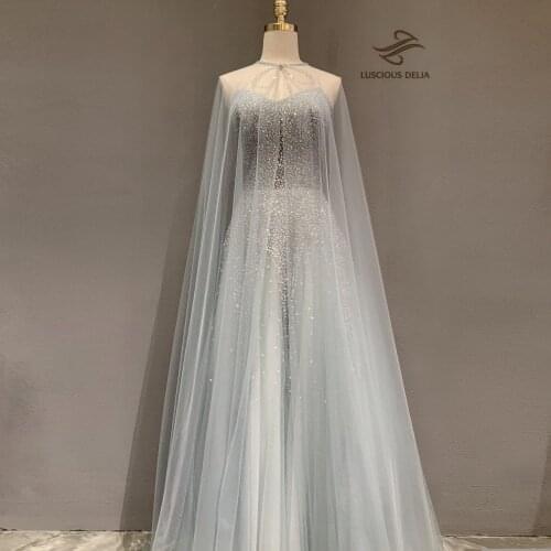 Luxury High Split Tulle Sweep Cape Evening Dresses 2021 Beading Pretty Elegant A Line Dress Luscious Delia