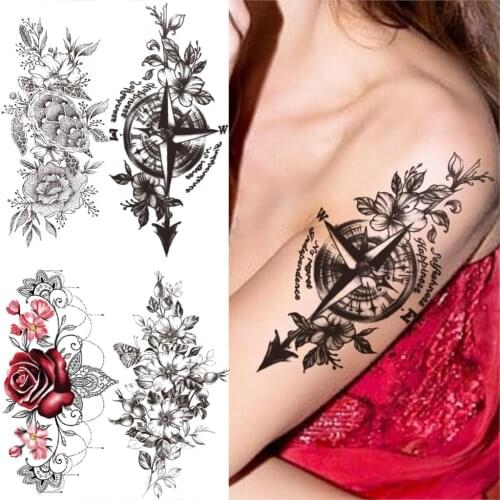 Unique Compass Temporary Tattoos For Women Men Adult Realistic Fake Flower Pendant Tattoo Sticker Half Sleeve Chest Waist Tatoos