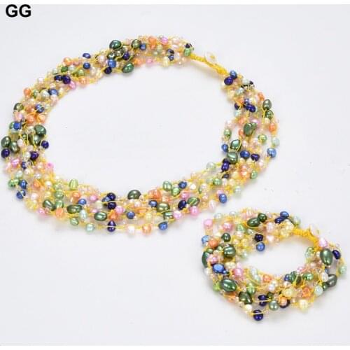 GuaiGuai Jewelry Natural Freshwater Cultured Keshi Pearl 5 Rows Multi Color Pearl Crystal Necklace Bracelet Sets For Women