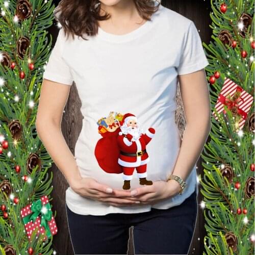 Pregnant Funny T-shirt Pregnancy Merry Christmas Santa Graphic Printed Short Sleeve Tee Pregnant Women Maternity Clothes