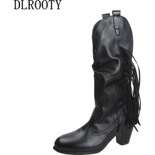 Women Mid-Calf Martin Boots Fringe Autumn Female Casual Shoes High Heels Fashion Platform Pointed Toe Solid Plus Size 35-43