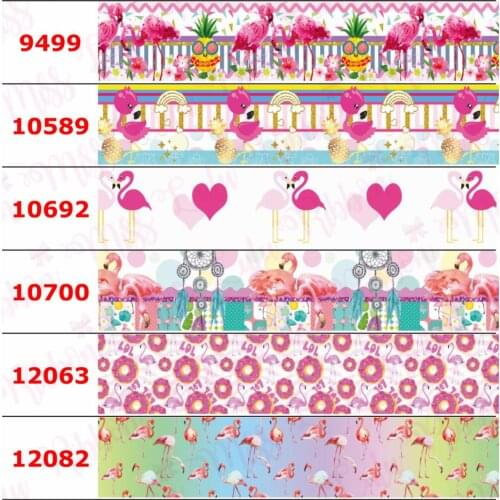 16mm-75mm Cartoon Flamingo Series Colorful Stripes Printed Grosgrain/Elastic Ribbon Flower Heart DIY Hair Bowknots 50yards/roll