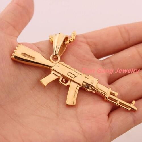 76*29mm New Personality Fashion Gold Gun Design Stainless Steel Biker Pendant Necklace For Mens Boys Gift Jewelry