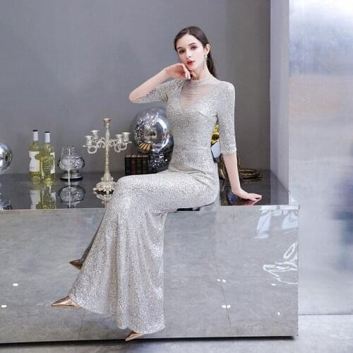 Alibride 2020 New Arrival Silver Sequined Evening Dress Mermaid Short Sleeves Luxurious Evening Prom Gowns Long Party Dresses