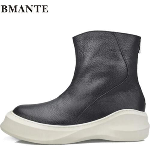 Bmante Men Ankle Boots With Fur Genuine Leather Zipper Thick Bottom Increased Platform Sneaker Trainers Winter Male Adult Shoes