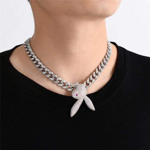 Iced Out Cubic Zircon Long Ear Rabbit Head Pendant Necklace With Hip Hop Full Rhinestone Long Miami Cuban Chain Choker