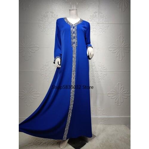 Long Dresses For Muslim Women Dubai Turkey Arabic Abaya Moroccan Kaftan Diamond Ribbon Jalabiya Blue 2021 New Spring Summer