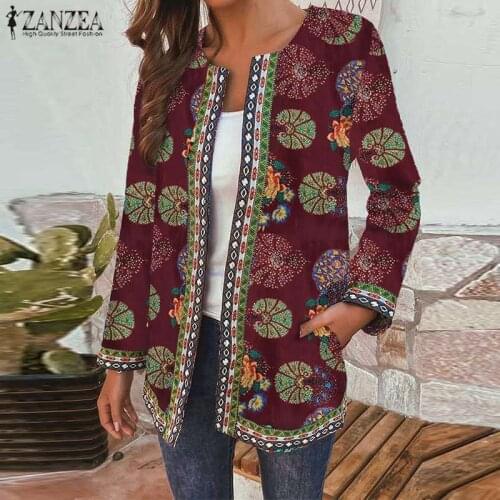 ZANZEA 2021 Kaftan Printed Cardigans Women Autumn Elegant Coats Long Sleeve Outwears Female Open Stitch Casual Patchwork Jackets