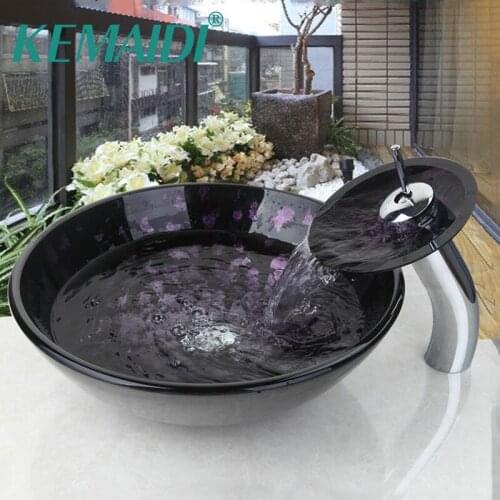 KEMAIDI Luxury Waterfall Tempered Glass countertop wash basin Sink Art Hand Painting Wash Basin Sink Bathroom Sink Glass Faucet